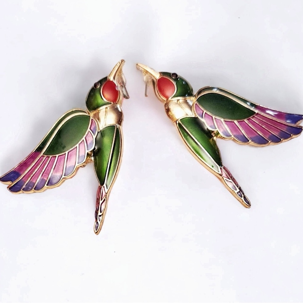 Designer Zerina Akers XL Multicolored Painted Enamel Hummingbird Post Earrings